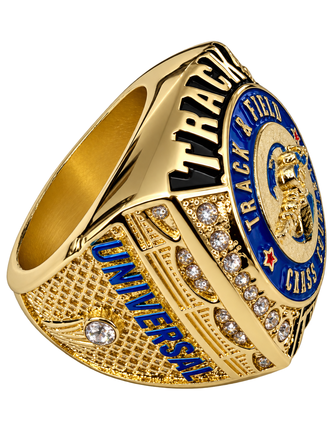 Gold and blue Universal Track and Field championship ring